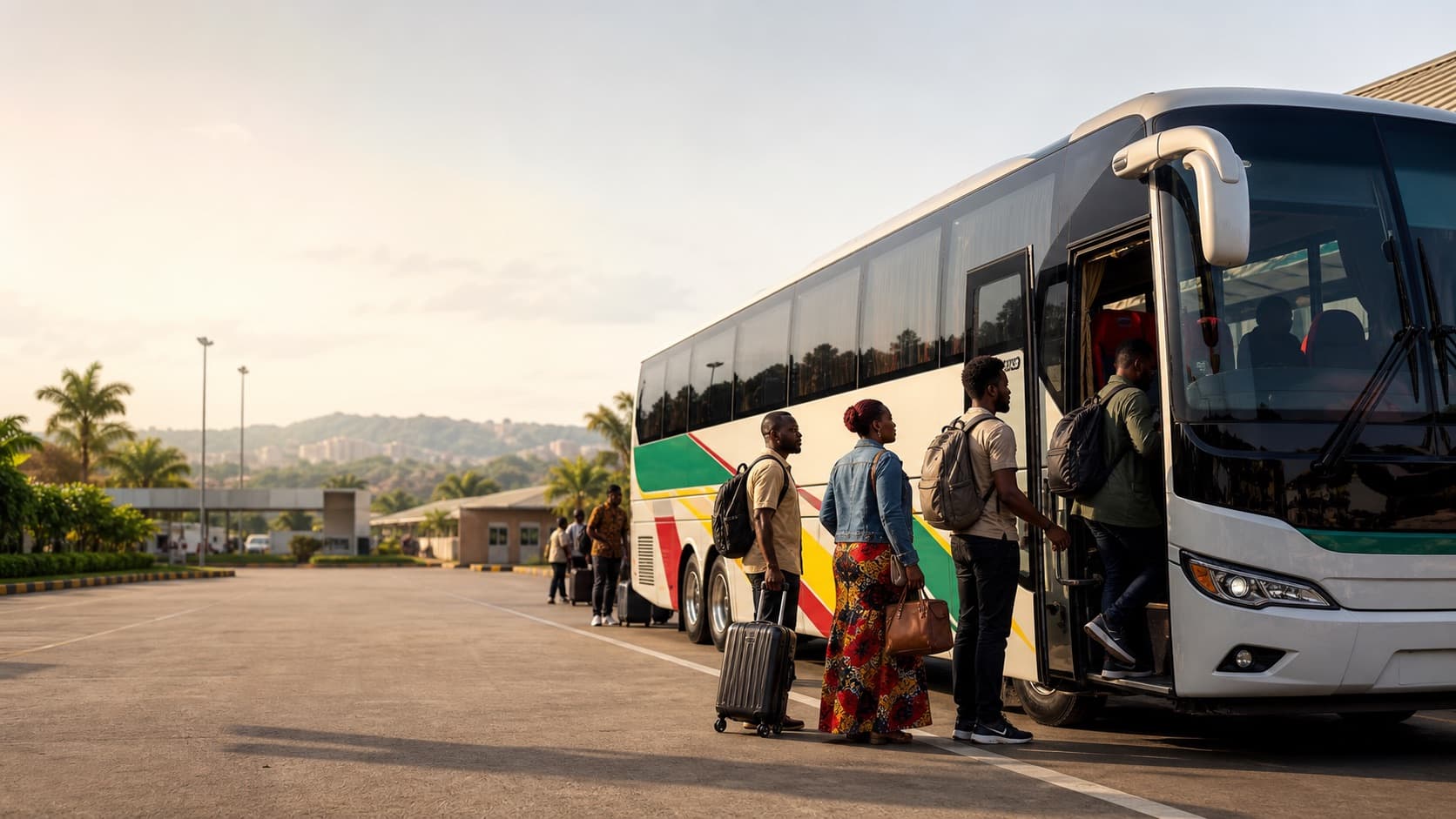Modern intercity coach at a Cameroon terminal